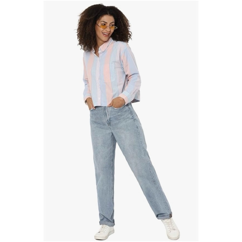 American Eagle AEO Cropped Button-Up Shirt striped pinstripe blue pink short M - Picture 3 of 9